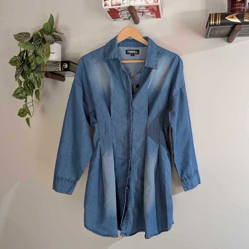 Thrill Jeans | Denim Button Front Dress Fit Flare Chambray Shirt Dress | Size L